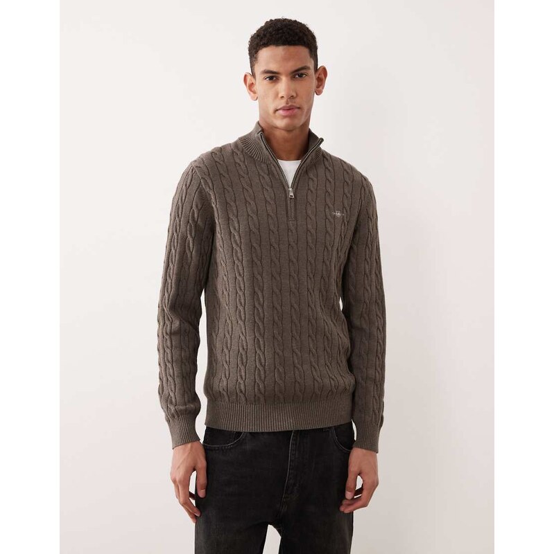 GANT Cotton cable knit half zip jumper in Brown