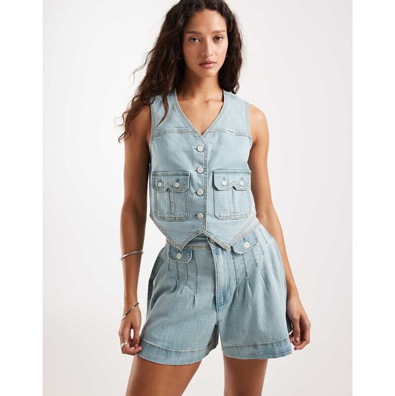 Wrangler denim mini shorts in light blue wash