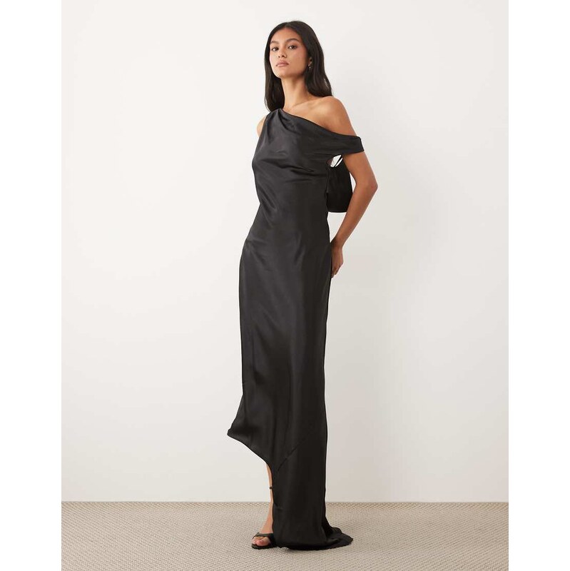 JW PEI satin draped one shoulder asymmetric satin maxi dress in