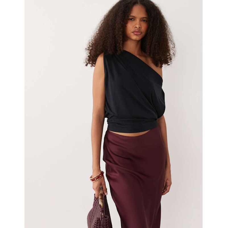 JDY asymmetric neck cinched top in black