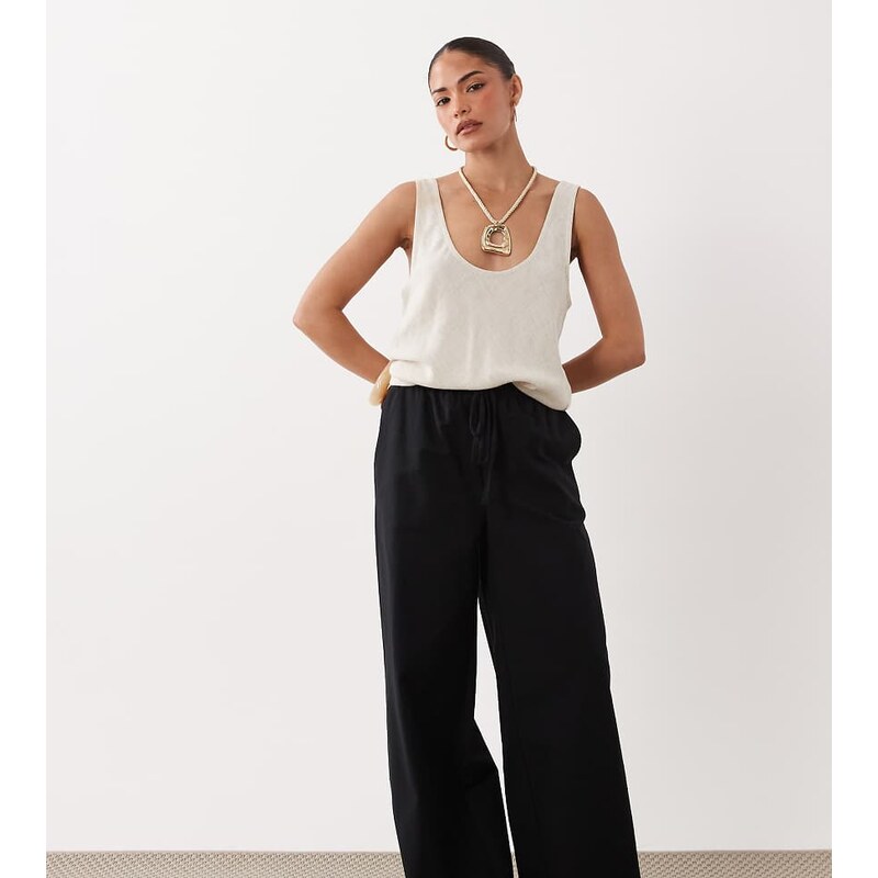 Miss Selfridge Petite linen blend wide leg trouser in black