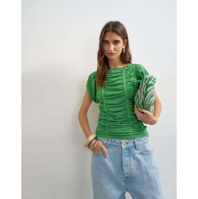 Topshop knitted gathered detail cap sleeve top in green