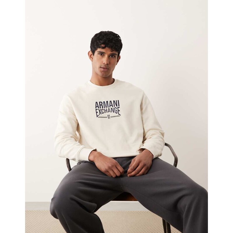 Armani Exchange sweatshirt with chest logo in cream-White
