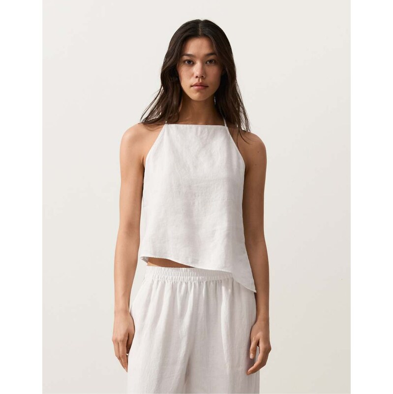 OYSHO Asymmetric 100% linen sleeveless top in off-white