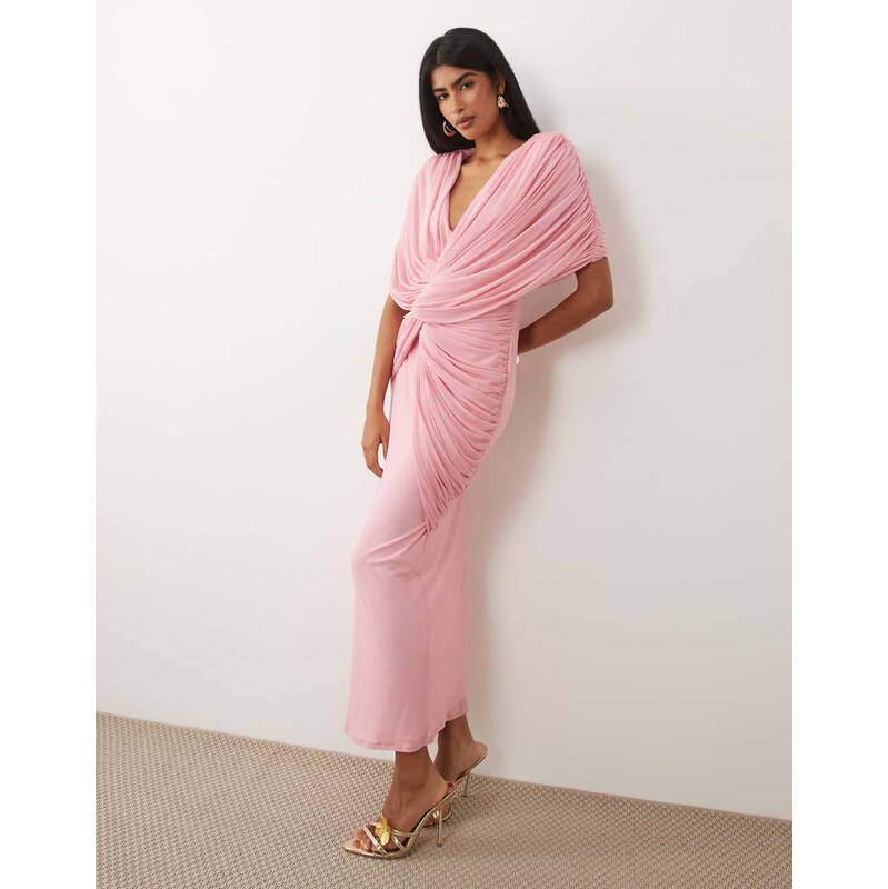 ASOS DESIGN twist plunge cape maxi dress in baby pink