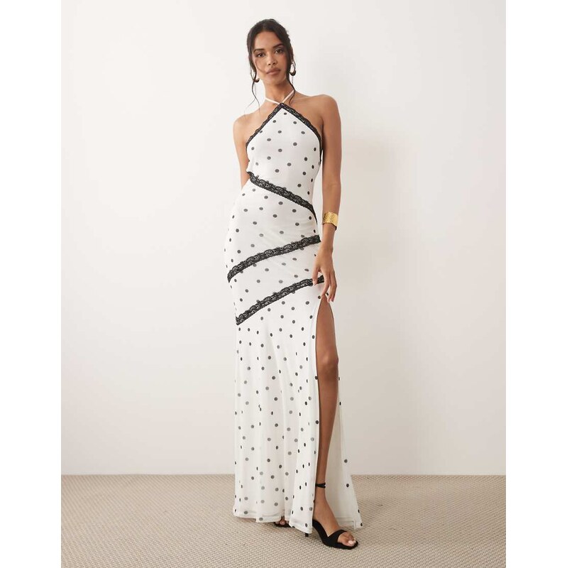 ASOS DESIGN halter mixed polka dot maxi dress in white-Multi