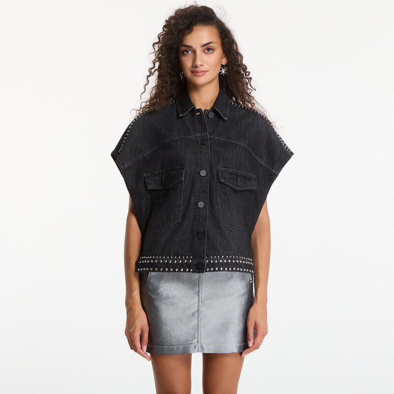 Košile AllSaints Alba Stud Ss Shirt Shadow Black 8
