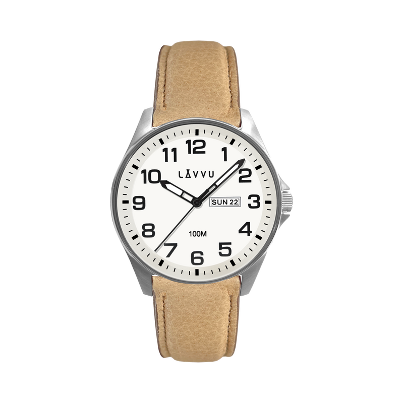 LAVVU Ocelové pánské hodinky BERGEN White / Top Grain Leather se