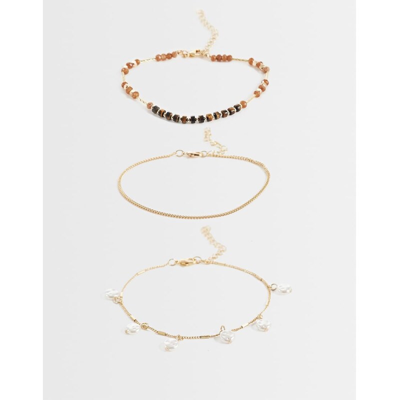 ONLY 3-pack pearl charms anklet in gold