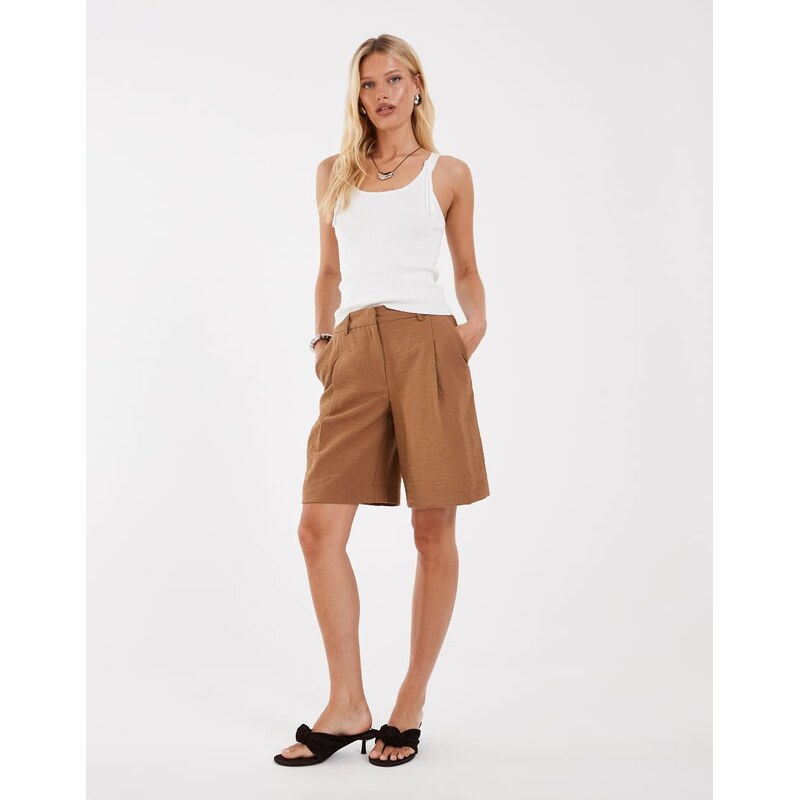 Object crinkle textured tailored longline shorts co-ord in camel