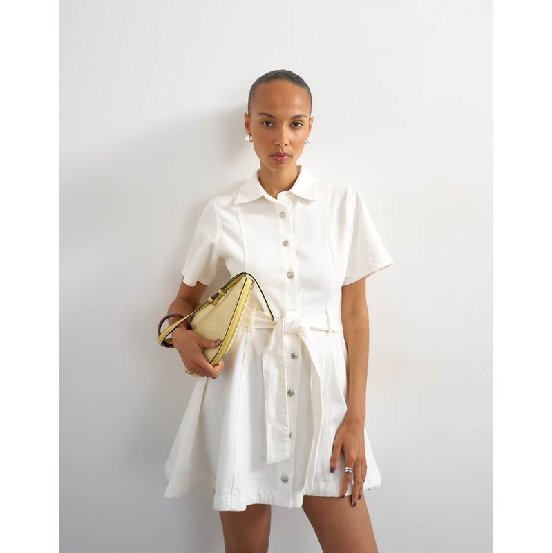 Topshop denim shirt belted mini dress in bone-White