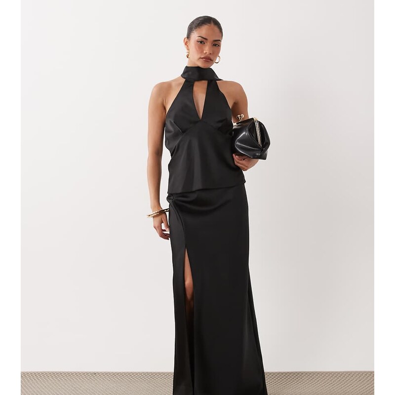 Miss Selfridge Petite satin maxi skirt co-ord in black-Red