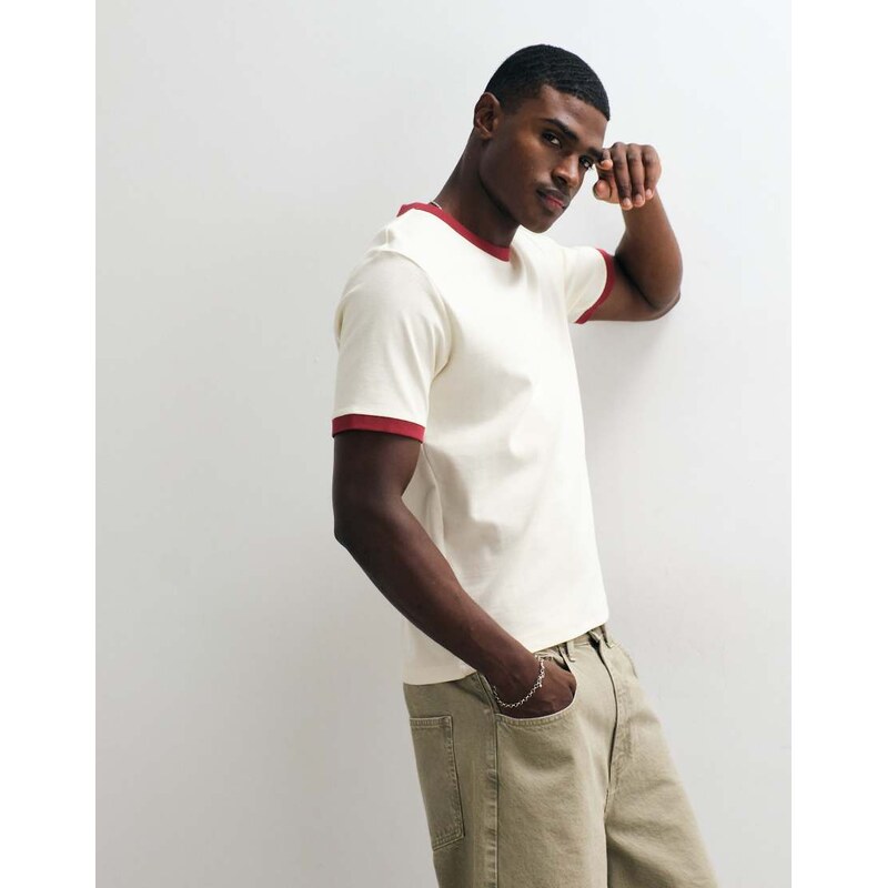 Jack & Jones ringer tee in cream and red-White