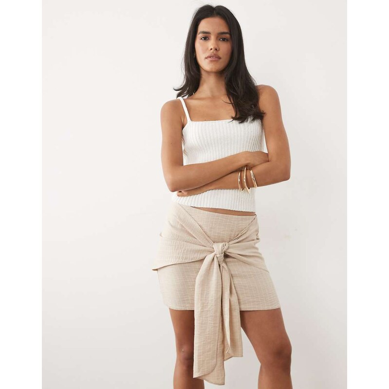ASOS DESIGN linen wrap tie mini skirt in neutral stripe