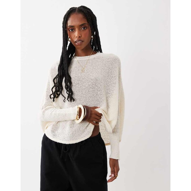 ASOS DESIGN slub knitted batwing jumper in cream-White