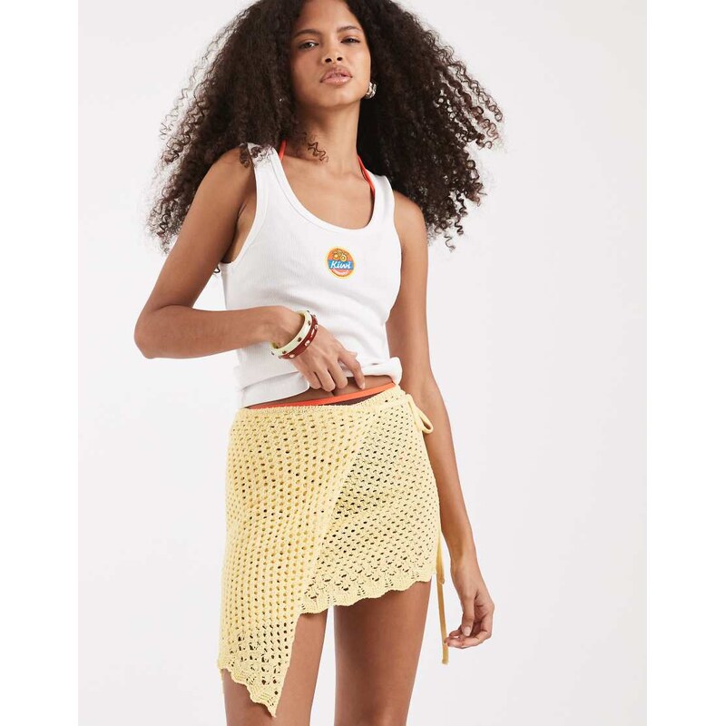Reclaimed Vintage crochet knit beach wrap skirt-Yellow