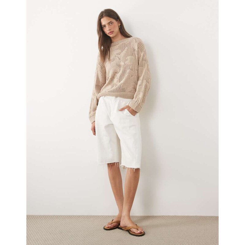 ASOS DESIGN floral lace knit jumper in stone-Neutral