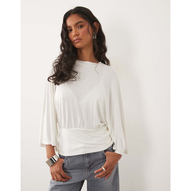 ASOS DESIGN batwing sleeve cinched waist top in white-Yellow