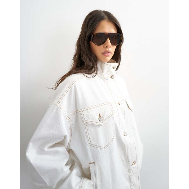 Topshop denim funnel neck elastic hem detail jacket in bone