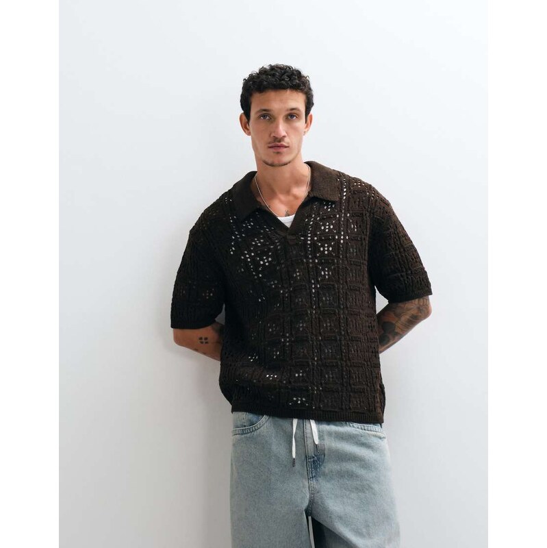Reclaimed Vintage crochet knit shirt in chocolate brown