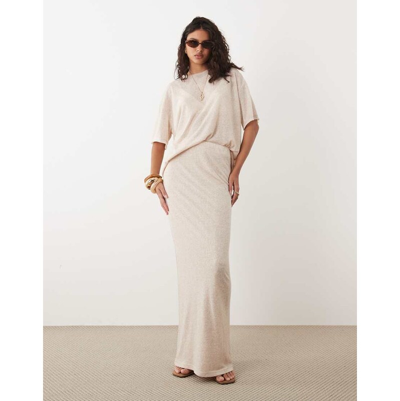 SNDYS fine knit high waisted maxi skirt co-ord in cream marl