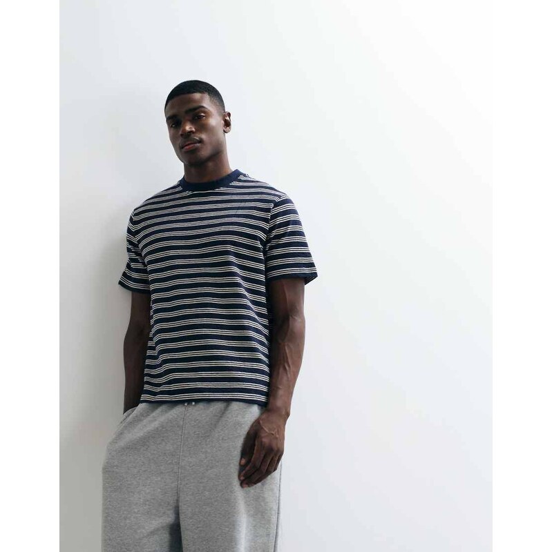 Selected heavyweight seersucker striped t-shirt in white and