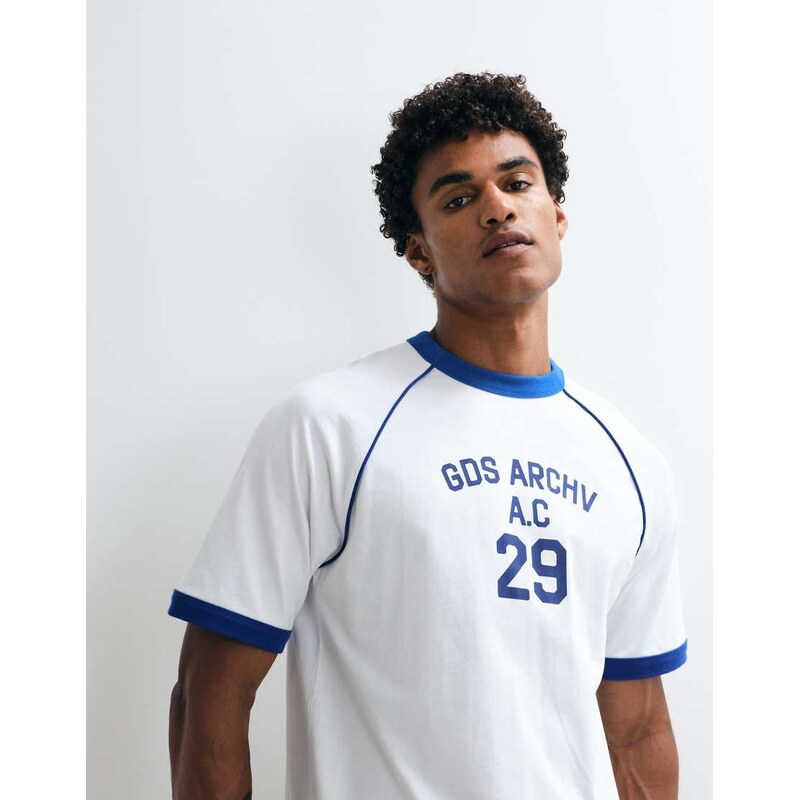 ASOS DESIGN relaxed ringer t-shirt with sport graphic in white