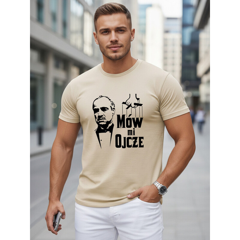 Pánské klasické bavlněné tričko s potiskem béžové FashionStreet