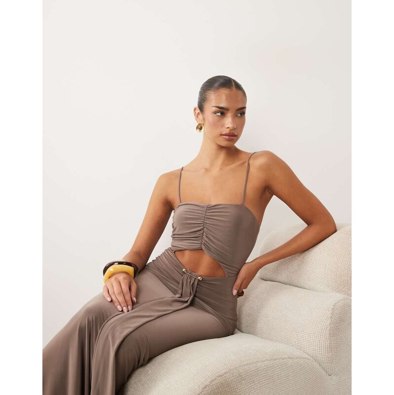ASOS DESIGN slinky ruched maxi dress with cut out and trim in