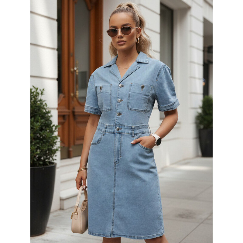 Dámské džínové šaty s krátkými rukávy, modré, FashionStreet