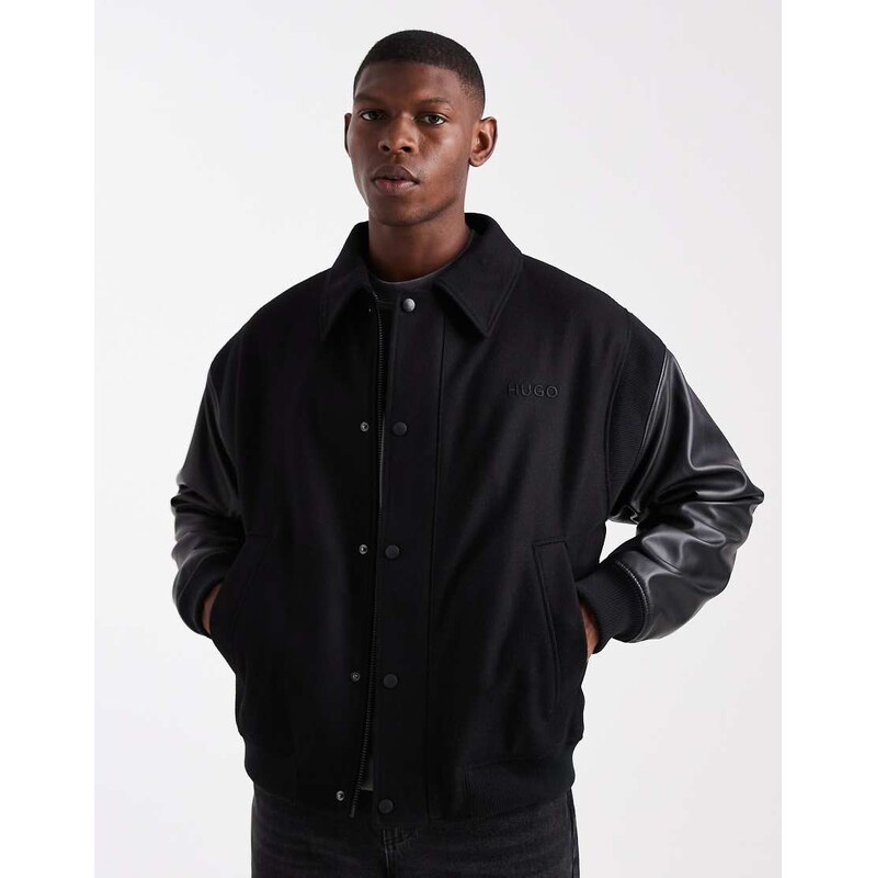 HUGO RED Barkus wool with leather sleeve varsity jacket in black