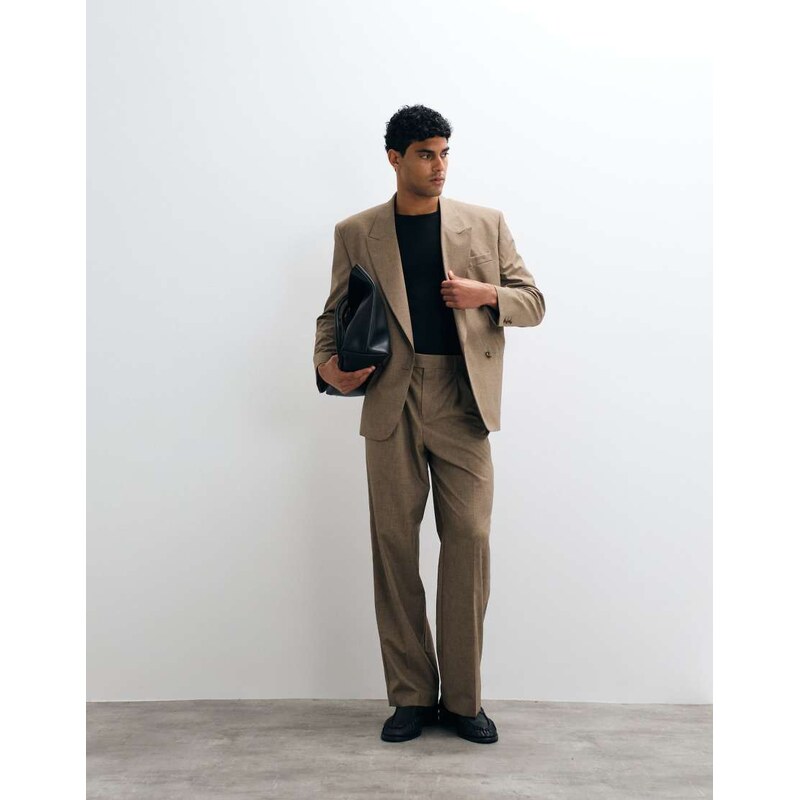 ASOS DESIGN wide suit trousers in beige wool-Neutral