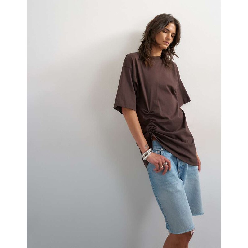 Topshop ruched side tee in chocolate-Brown