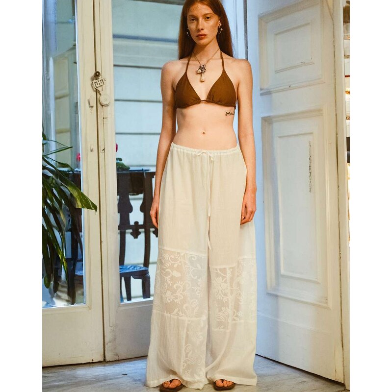 Muse Assembly Celeste lace panel wide leg trousers-White