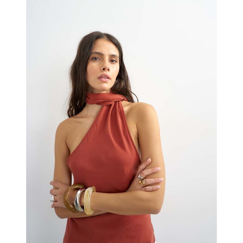 Topshop cupro halter scarf detail top in rust-Red