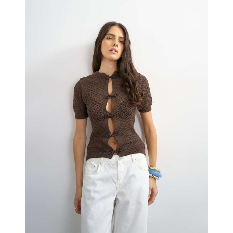 Topshop knitted short sleeve mandarin collar cardigan in brown