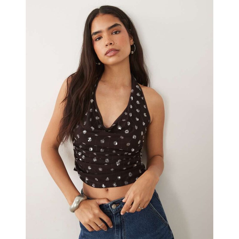 Mango Fiesta embellished cowl neck top co-ord in chocolate brown