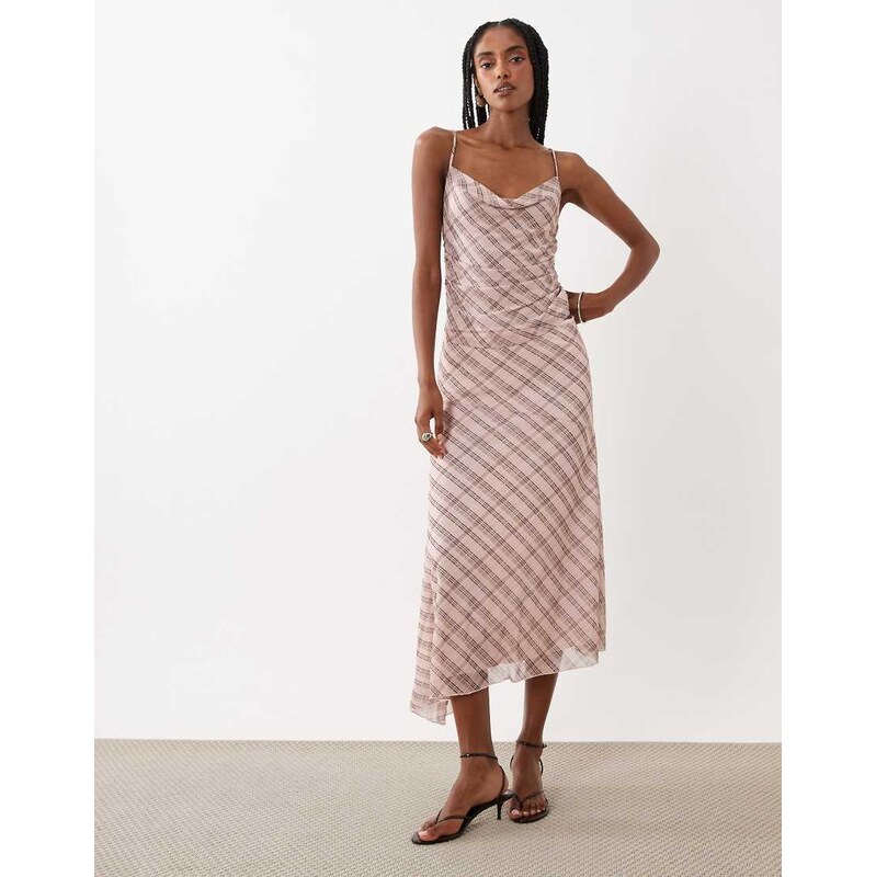 Mango Illo cowl neck strappy top co-ord in pink check