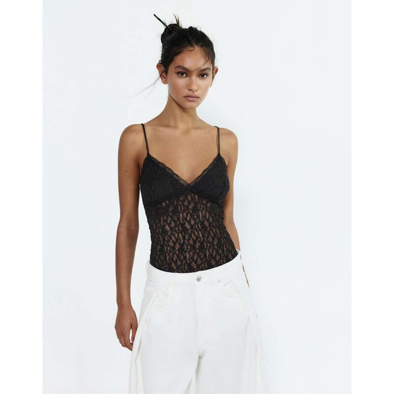 Pull&Bear Strappy lace bodysuit in black