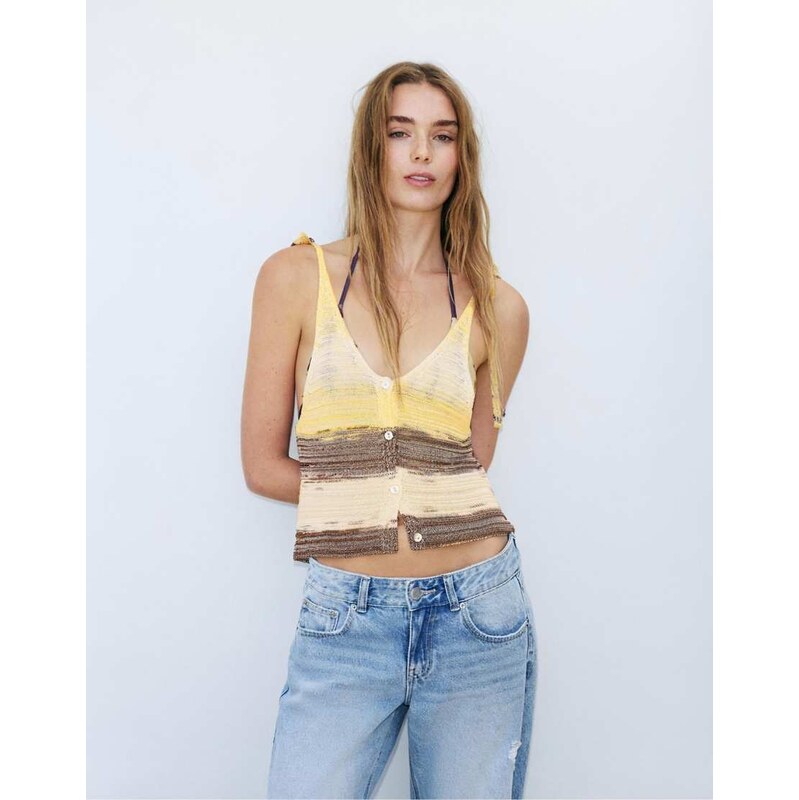 Pull&Bear Cutwork space dye top in yellow