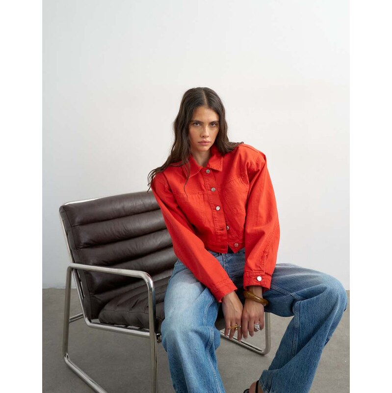 Topshop denim cropped shoulder pad jacket in red