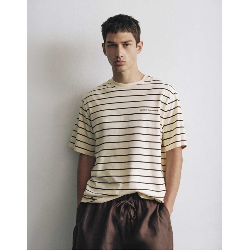 Pull&Bear Striped slogan t-shirt in yellow