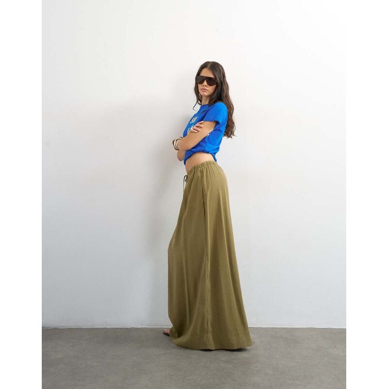 Topshop tie waist slouchy slim maxi skirt in olive-Brown