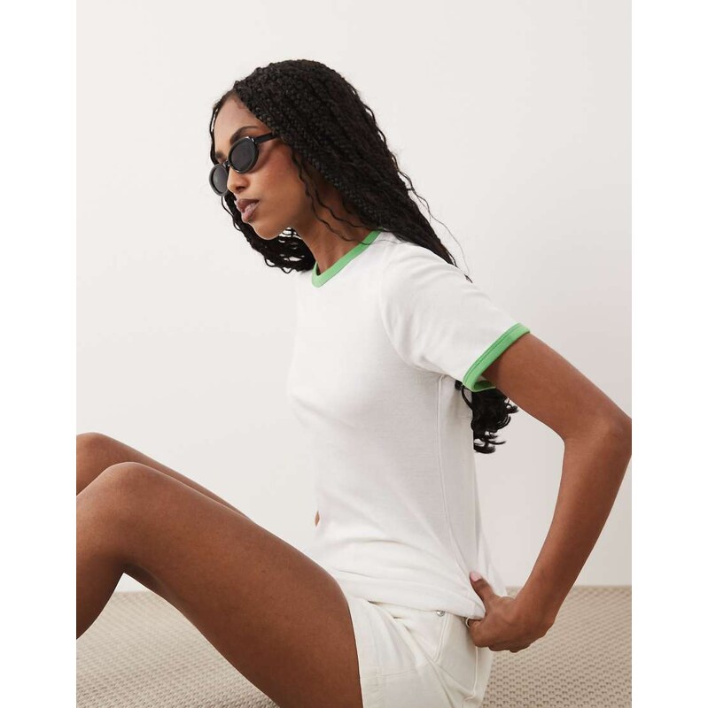 ARKET slim fit ribbed t-shirt in white-Green