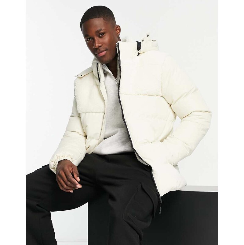 Threadbare puffer jacket with detachable hood in ecru-White