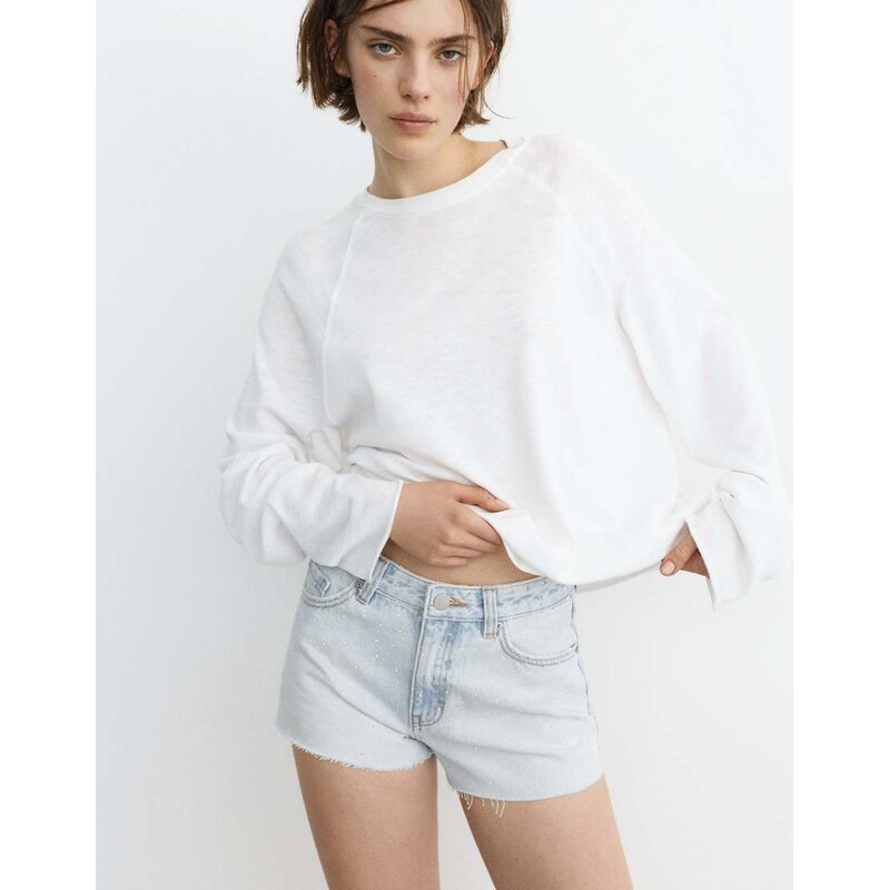 Pull&Bear Mid-waist rhinestone denim shorts in pale blue