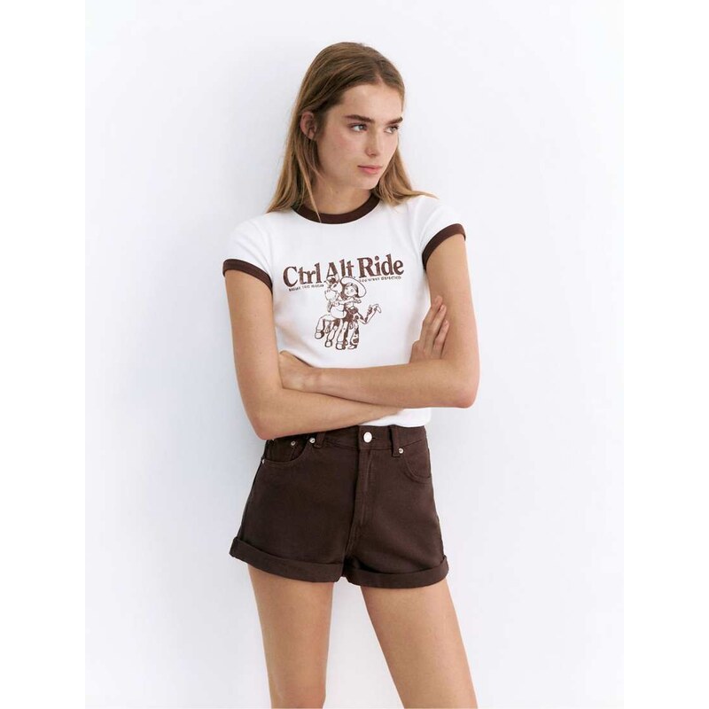 Pull&Bear Mom fit denim shorts with turn-up hems in brown