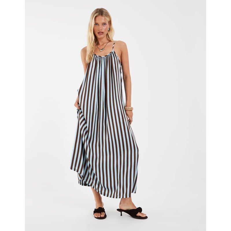 Object vertical stripe cami maxi dress in light blue and brown