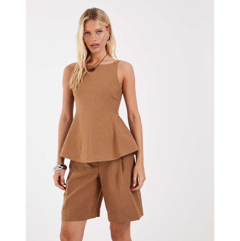 Object crinkle textured tailored tie back peplum hem top co-ord