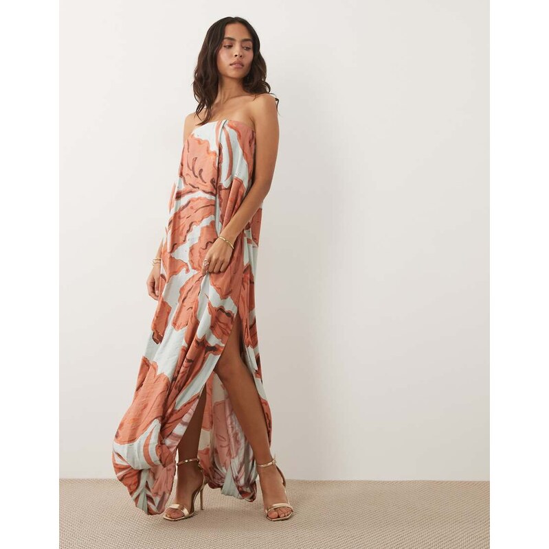 ASOS DESIGN satin bubble bandeau maxi dress in blue red abstract